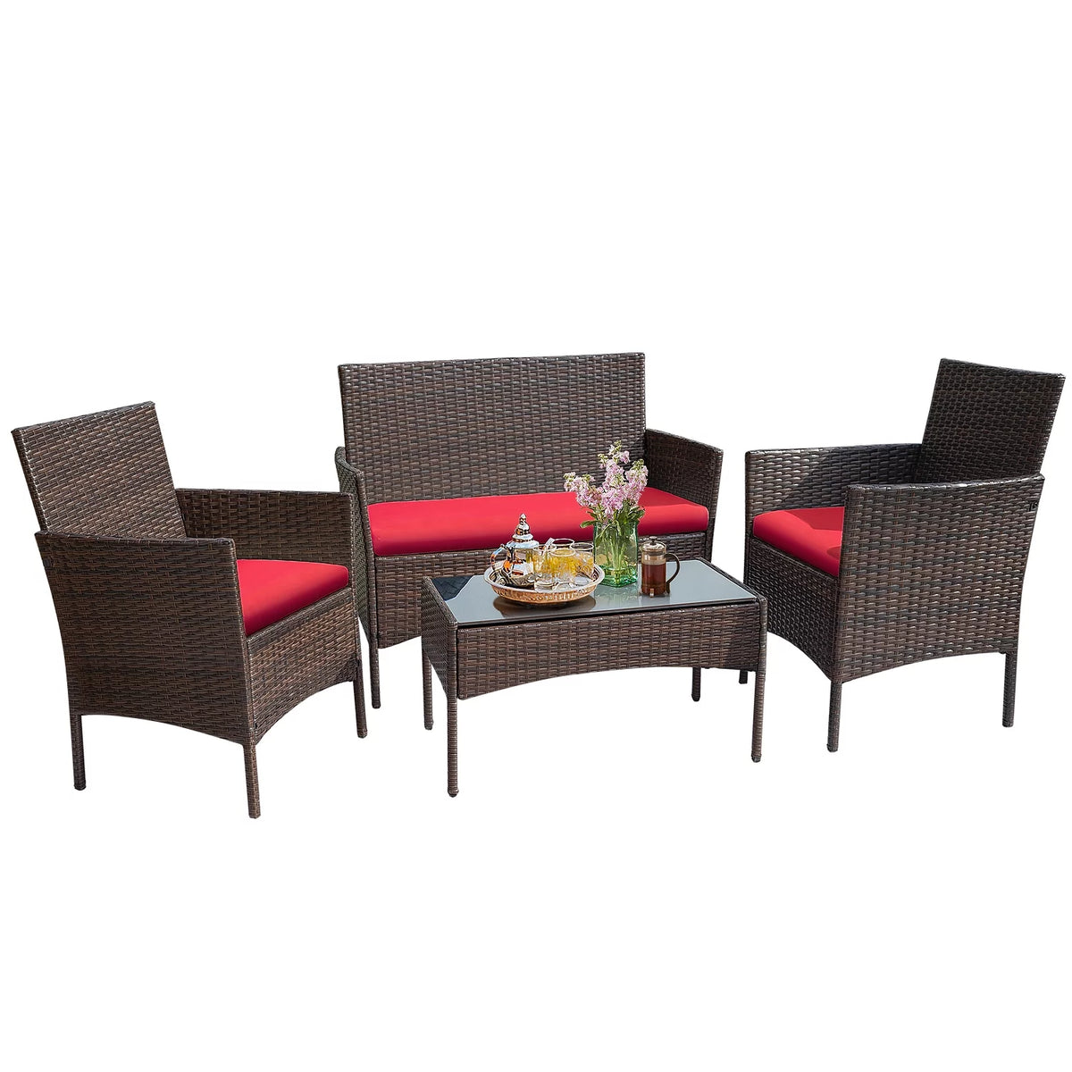 4 Piece PE Rattan Wicker Patio Table and Chairs Set with Cushions J6159