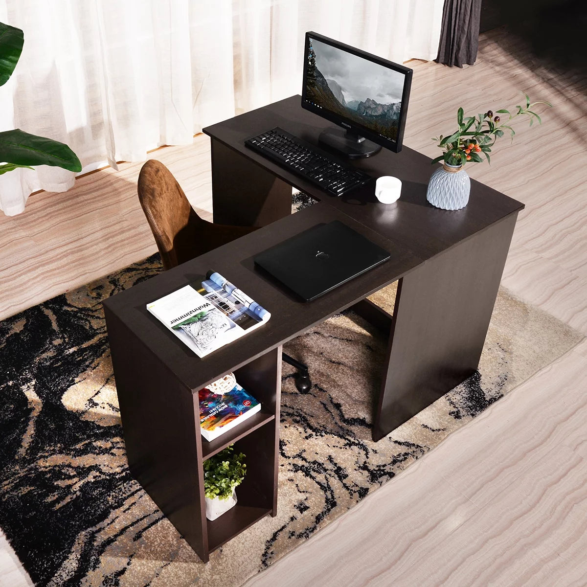 Brown L-Shaped Corner Desk with 2 Shelves A7162