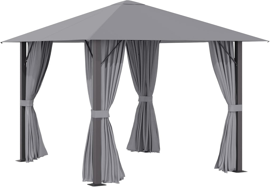 10' x 10' Patio Gazebo Aluminum Frame Canopy Shelter with Sidewalls, Vented Roof, Khaki Q67219