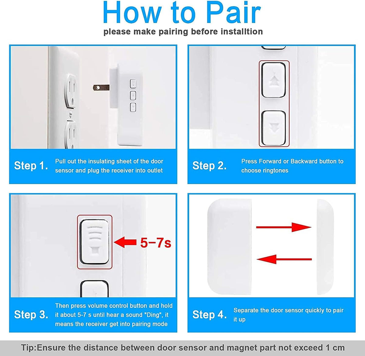 Wireless Door Open Chime with 55 Chimes 5 Adjustable Volume Mute Mode, 3 Receiver 3 Magnetic Door Window Sensor, Pack of 2 B382