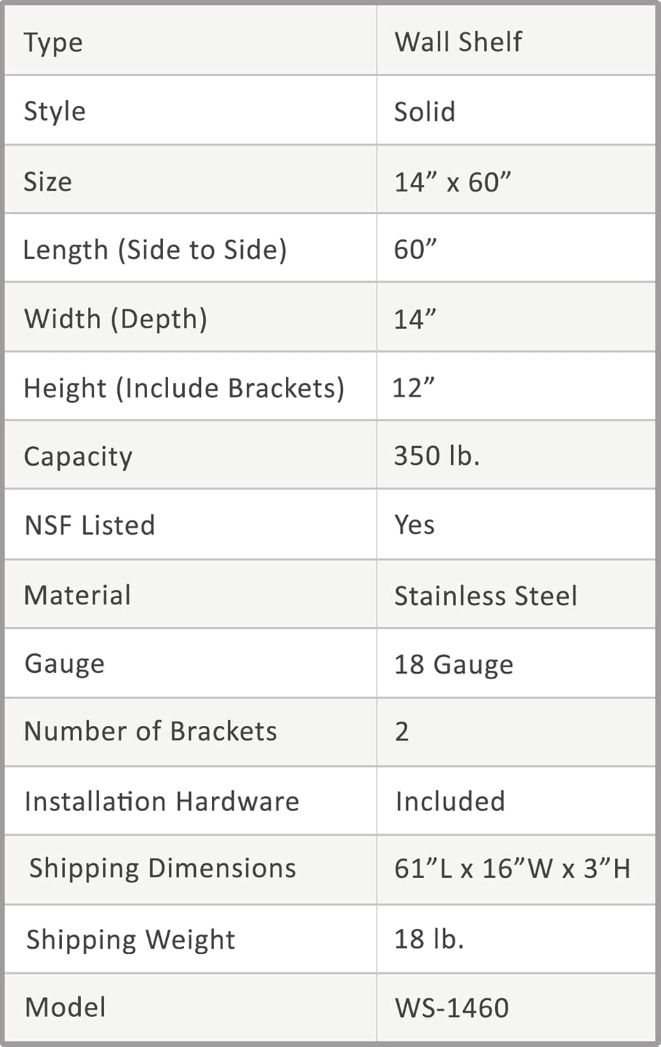 14" X 60" Stainless Steel Wall Shelf V866