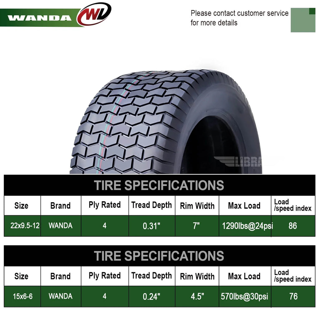 15X6-6 & 22X9.5-12 Lawn Mower Tractor Turf Tires Set 4 P598