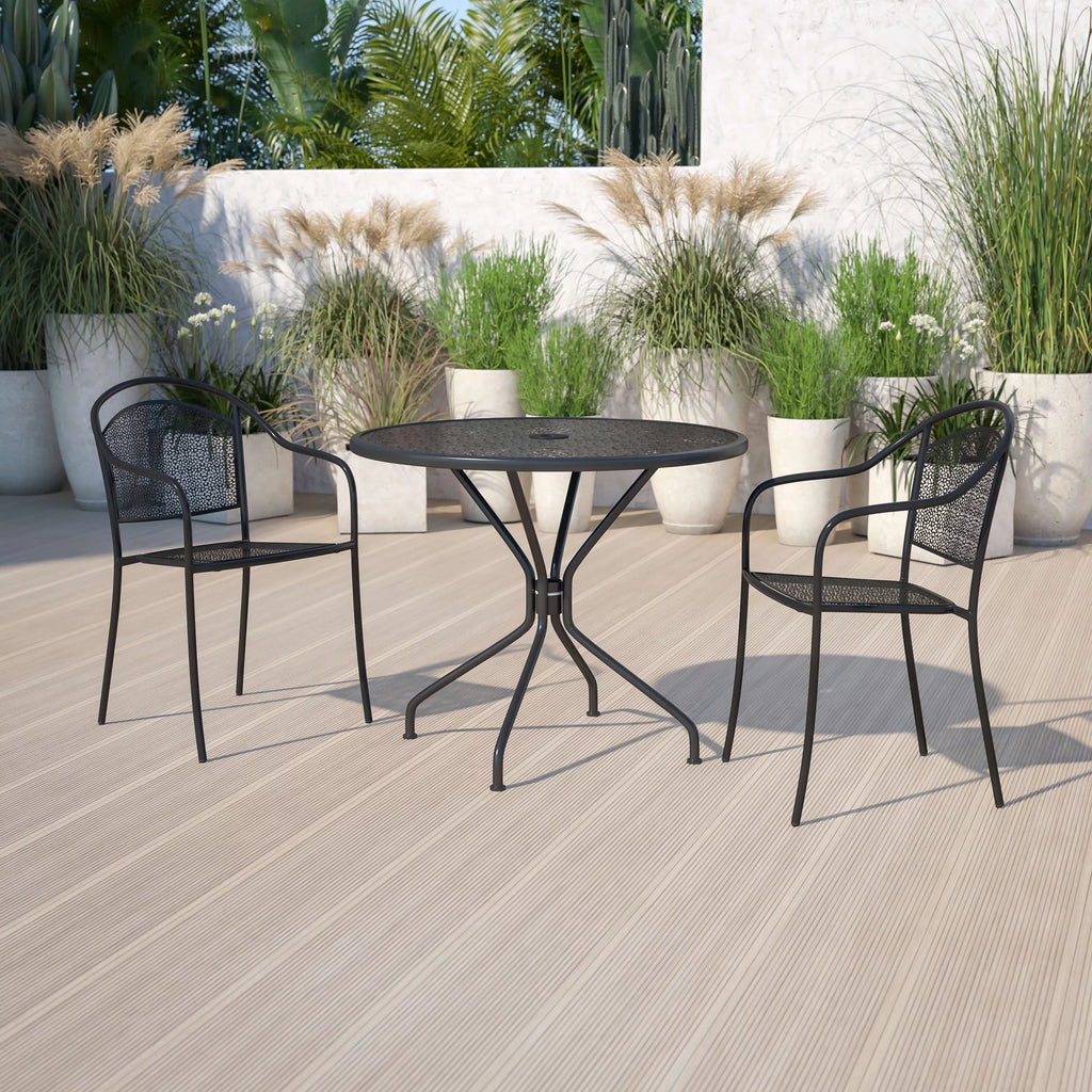 Round Black Indoor-Outdoor Steel Patio Table with Umbrella Hole P33165