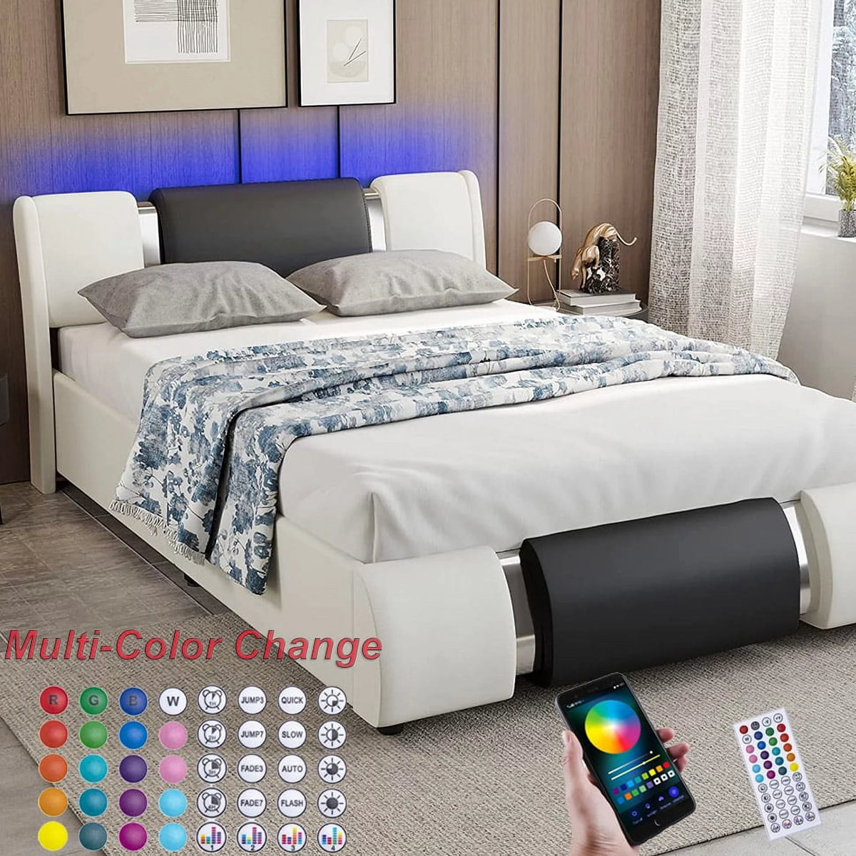 Queen Size Faux Leather Upholstered Platform Bed Frame with LED Light Headboard Q682