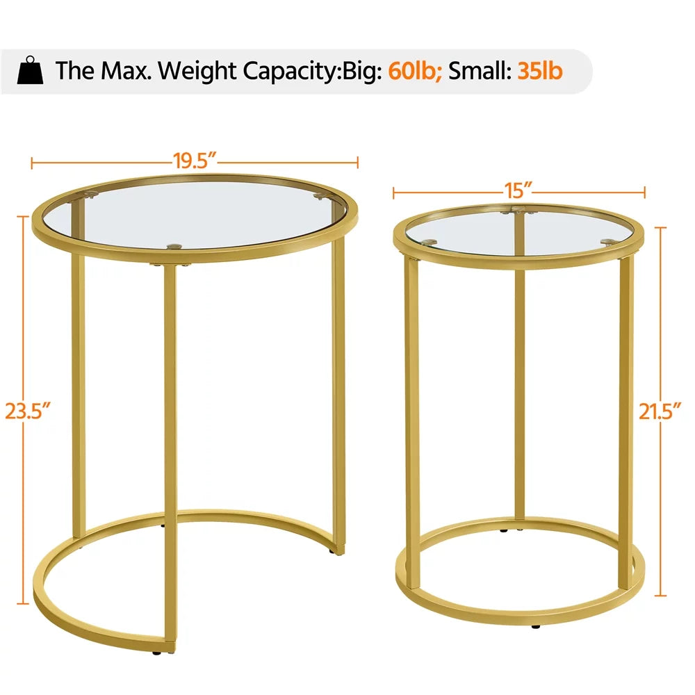 Round Nesting End Table Set with Metal Frame and Glass Top B479