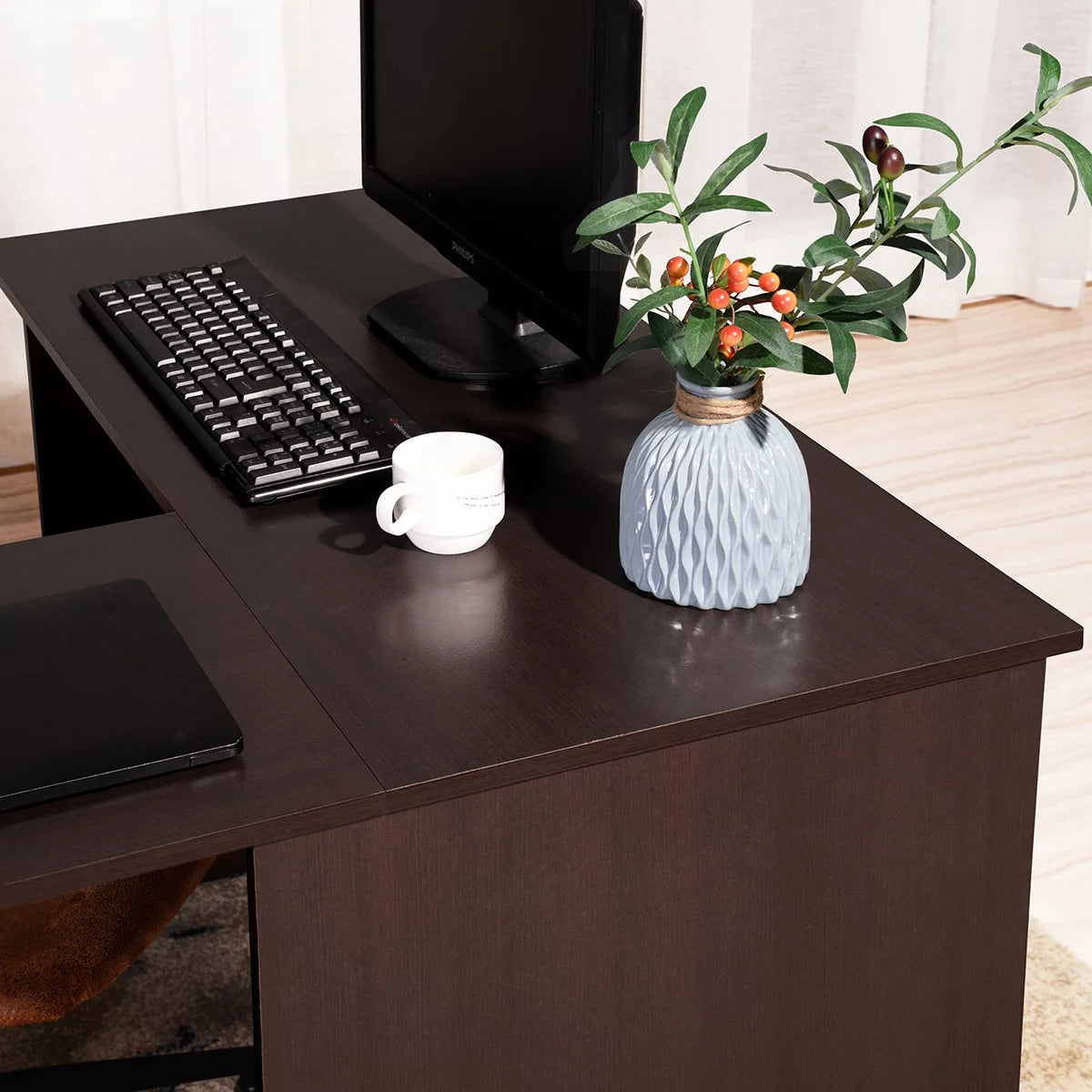 Brown L-Shaped Corner Desk with 2 Shelves A7162