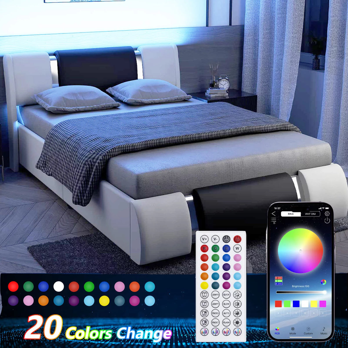 Queen Size Faux Leather Upholstered Platform Bed Frame with LED Light Headboard Q682