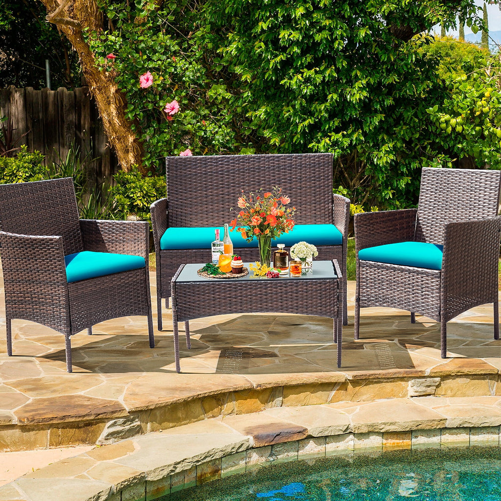 4 Piece PE Rattan Wicker Patio Table and Chairs Set with Cushions J6159
