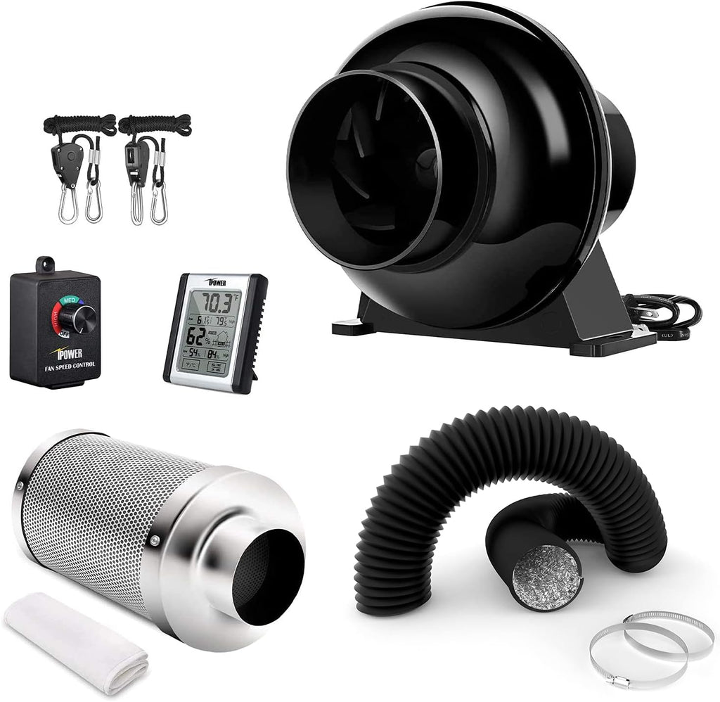4 Inch 195 CFM Inline Fan, Carbon Filter, 8 Feet Ducting, Speed Controller, Rope Hanger, Temperature Humidity Monitor, Pack of 2 I3580
